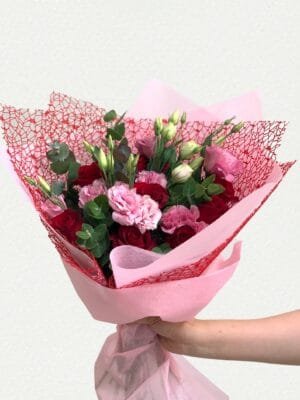 red rose and pink lisianthus arrangement for valentines day