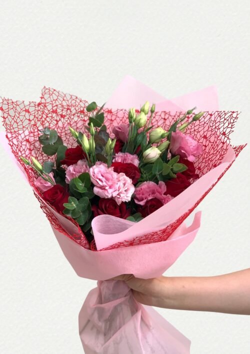 red rose and pink lisianthus arrangement for valentines day
