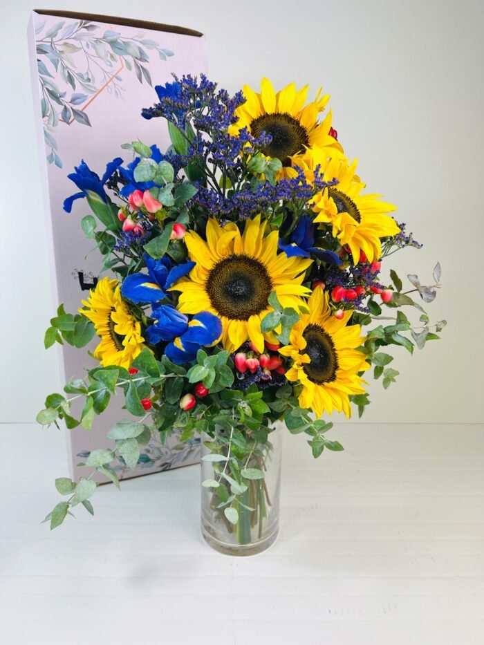 sunflower arrangement in a box