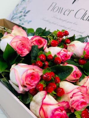pink roses in a box