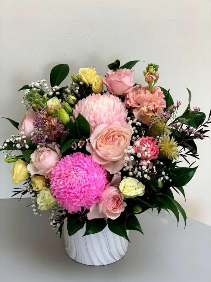 pink and white flower arrangement