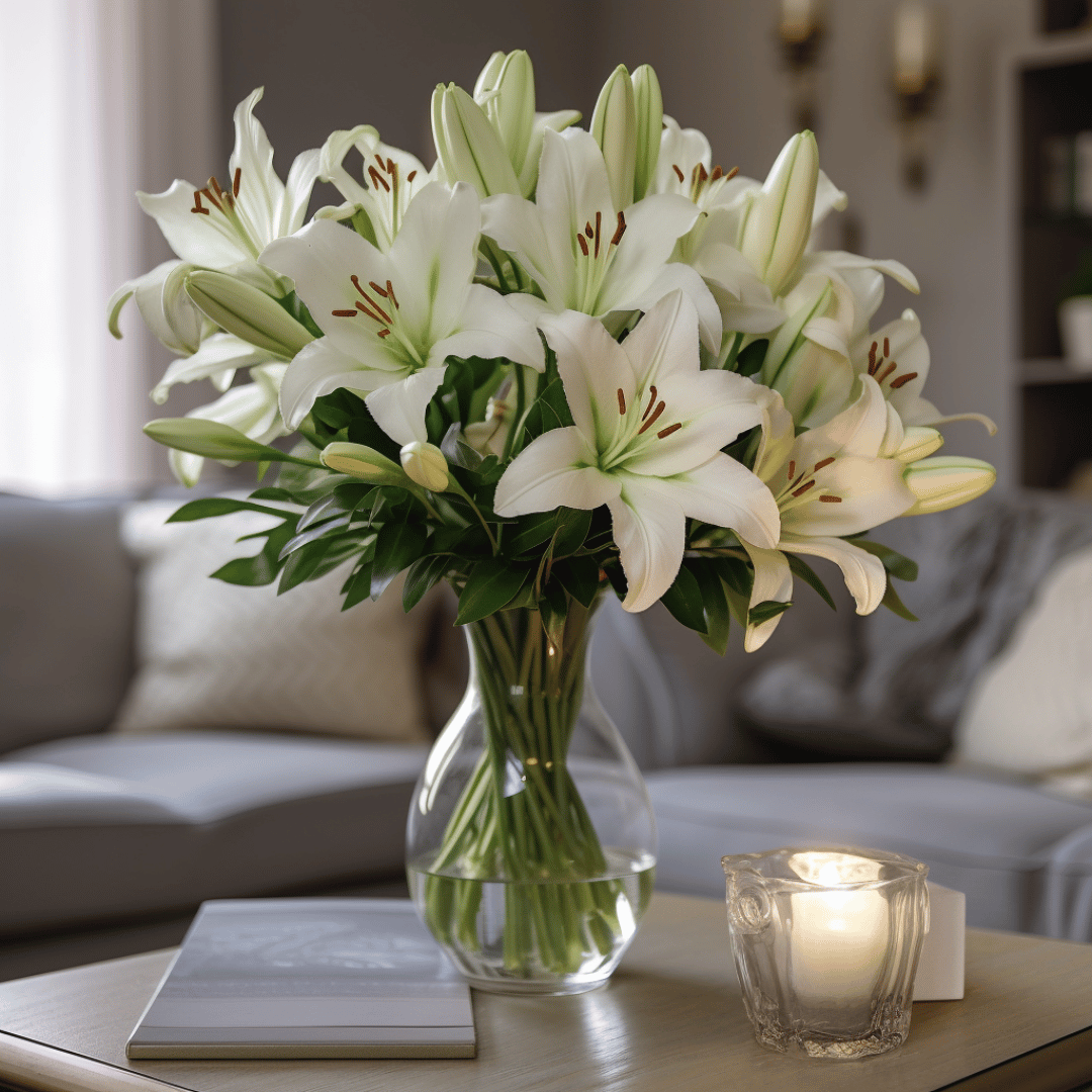 bunch of white oriental lilies in a glass vase inside living room