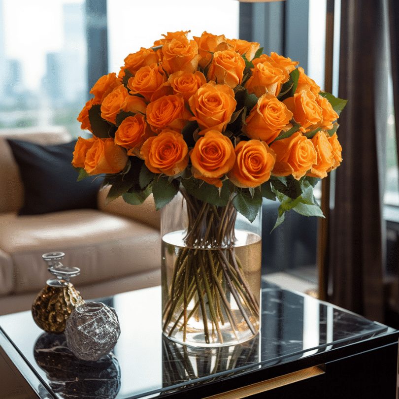 orange roses in a glass vase inside living room