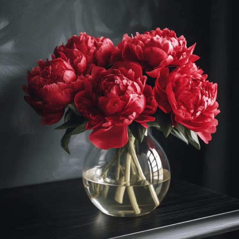 bunch of red peonies in a glass vase on a table