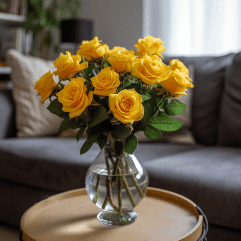 bunch of yellow roses in a glass vase on a living room table
