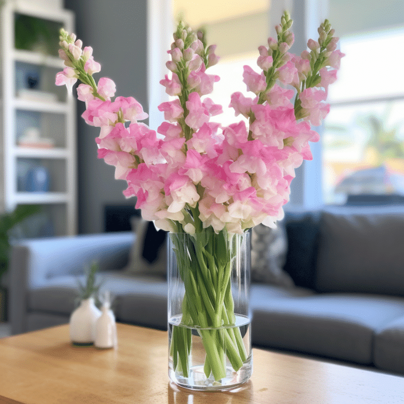 pink snapdragons in a glass vase on a table inside a living room