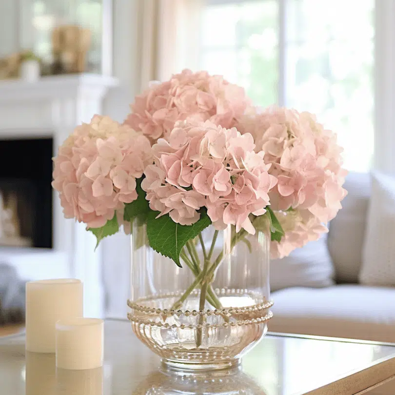 bunch of pink hydrangeas in a glass vase on a living room table