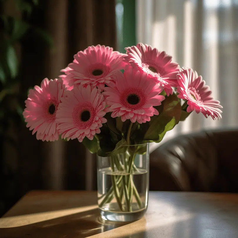 bunch of pink gerberas in a glass vase by flower club