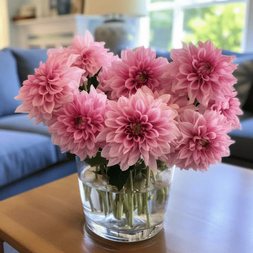 pink dahlias in a glass vase on a living room coffee table by flower club