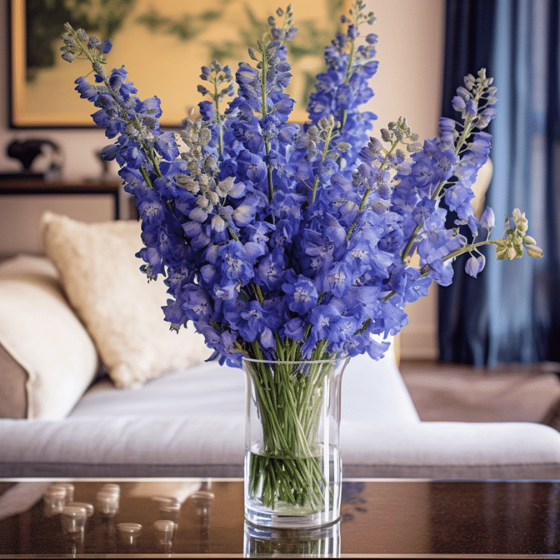 bunch of blue delphinium in a glass vase by flower club