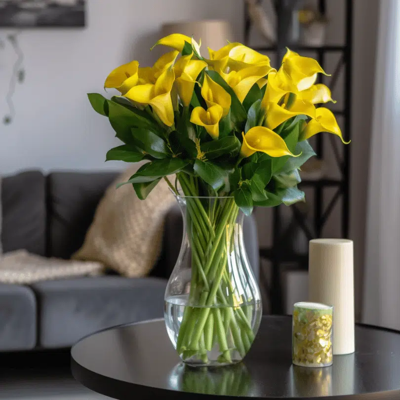 bunch of yellow calla lilies by flower club in a living room