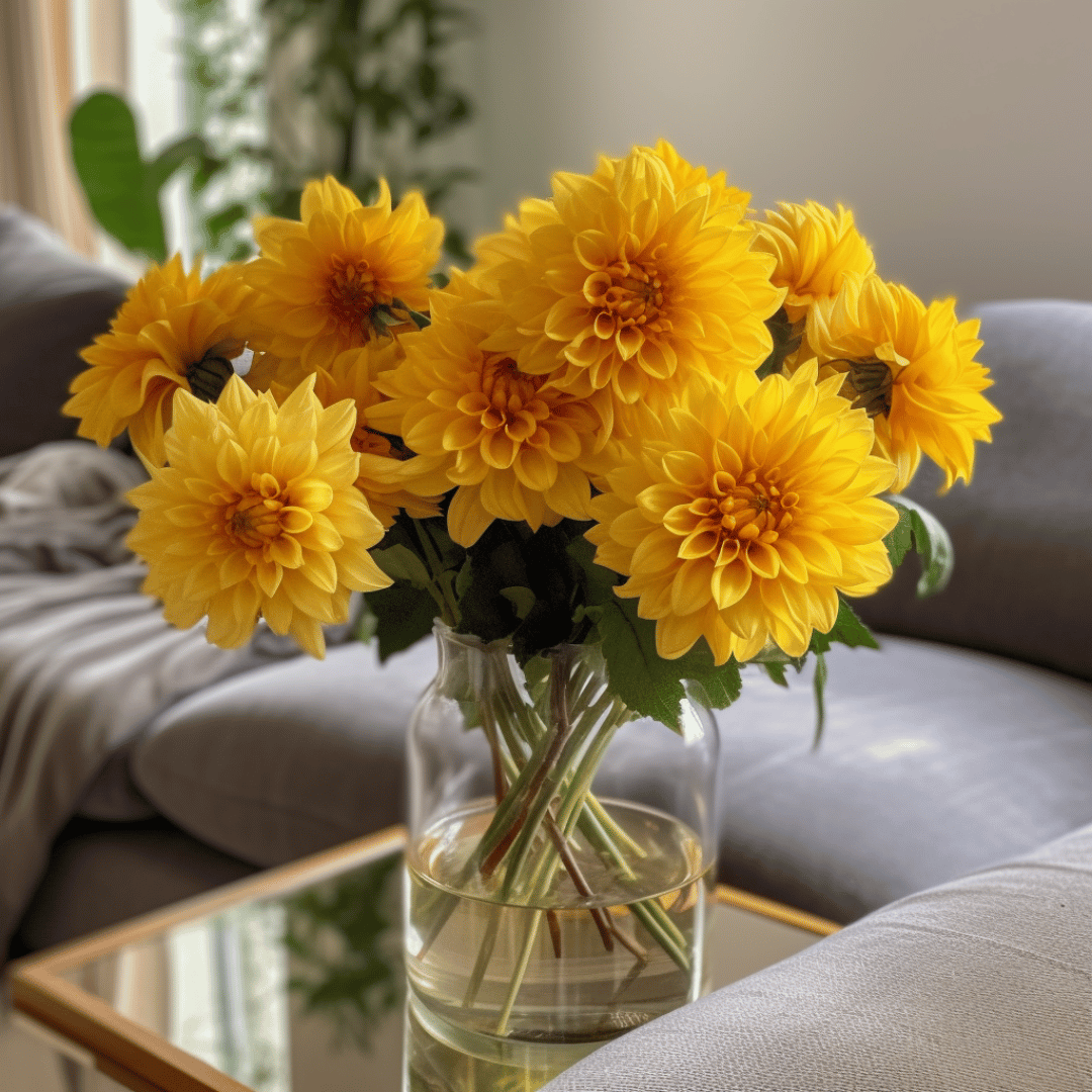bunch of yellow dahlias in a glass vase on a living room table