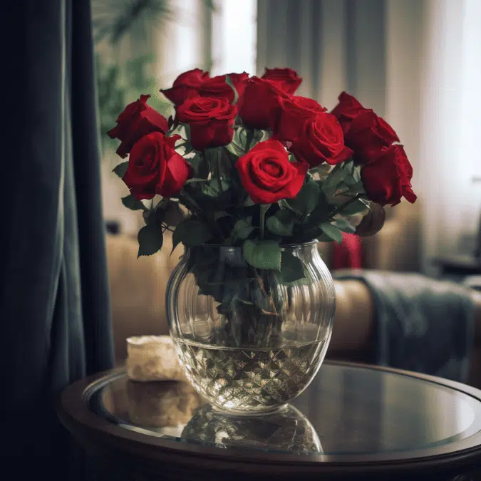 bunch of red roses in a glass vase at living room coffee table