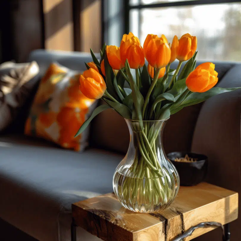 bunch of orange tulips in a glass vase on a living room table