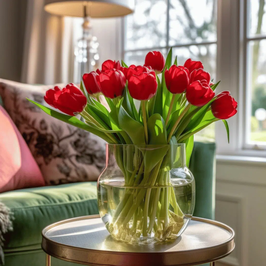 bunch of red tulips in a glass vase inside a living room by flower club