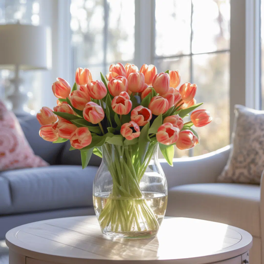 bunch of salmon tulips in a glass vase inside a living room