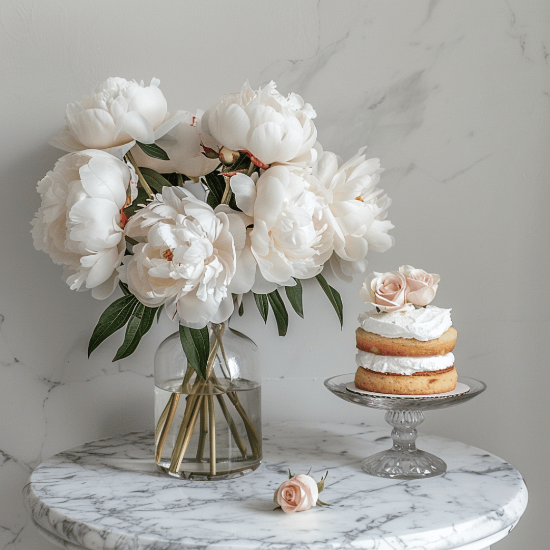 bunch of white peonies and cake